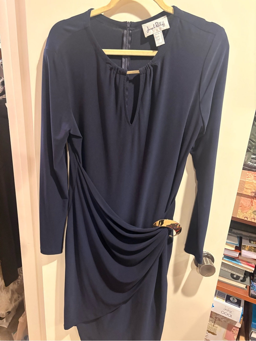 Joseph Ribkoff Navy Long-Sleeve Draped Midi Dress with Gold Accent